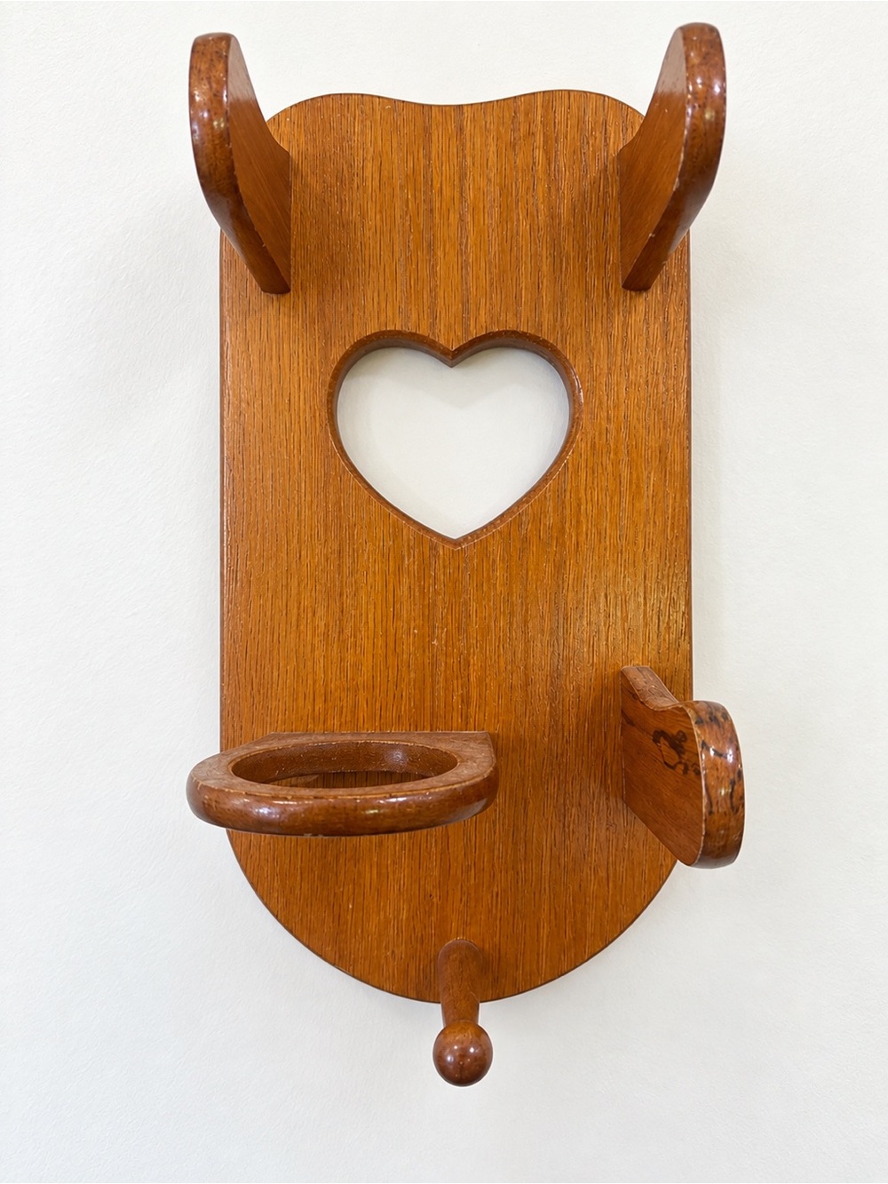 Vintage 1980s Wooden Hair Dryer & Curling Iron Wall Holder – Heart Cutout